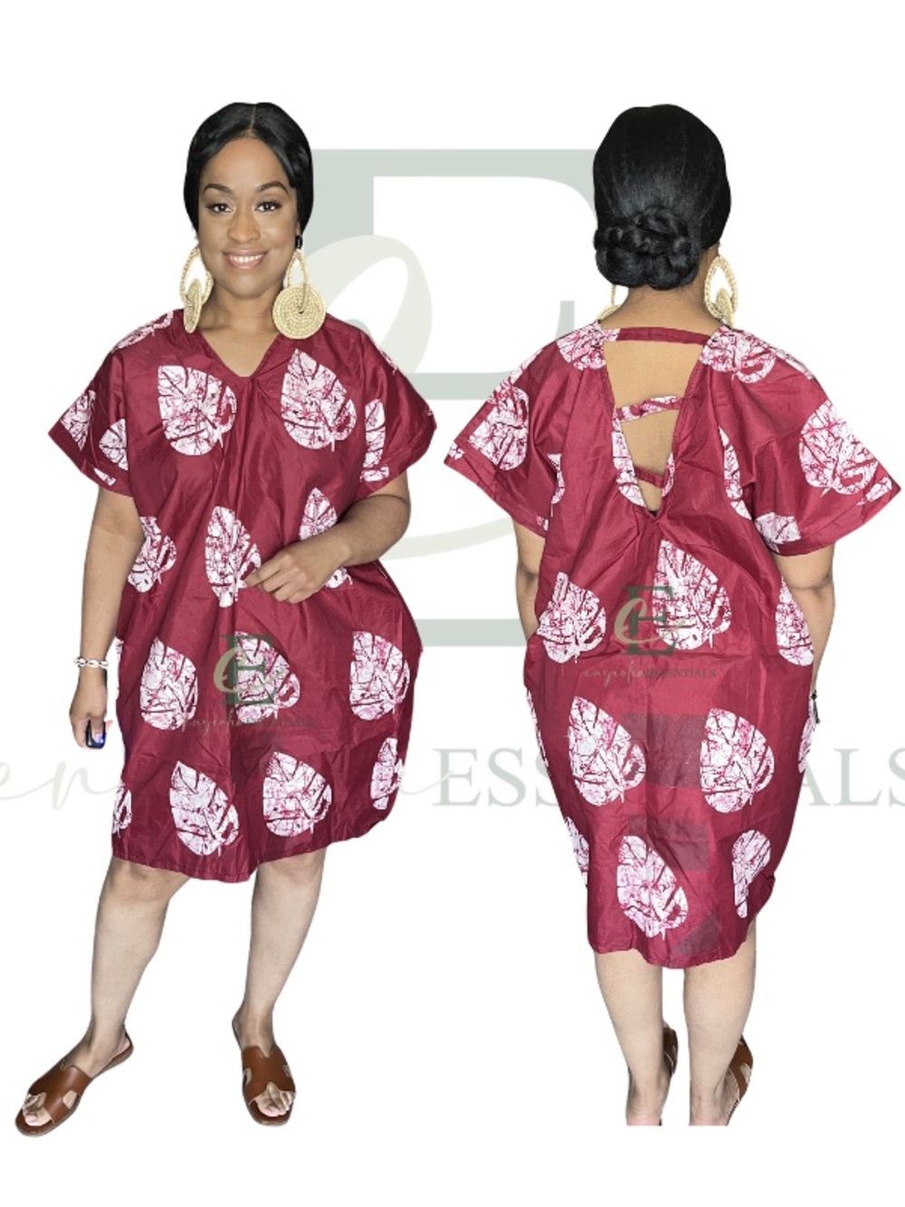 Maroon Leaf Print Open Back Mini Boubou | One Size (M–XXL)